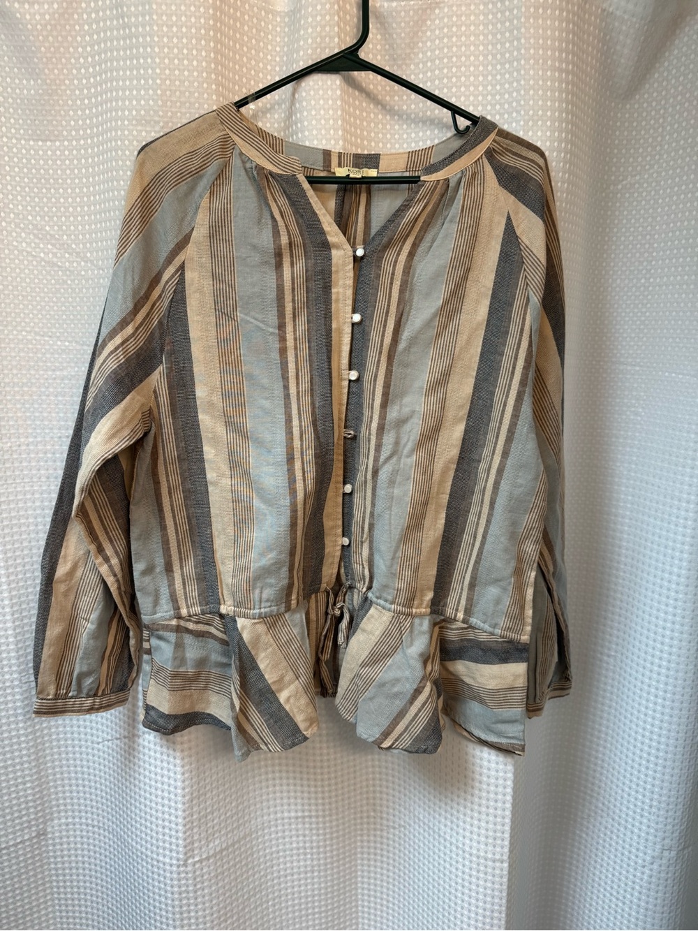 Kori Striped Peplum Button-Front‎ Blouse in Beige, Tan and Gray Womens Small